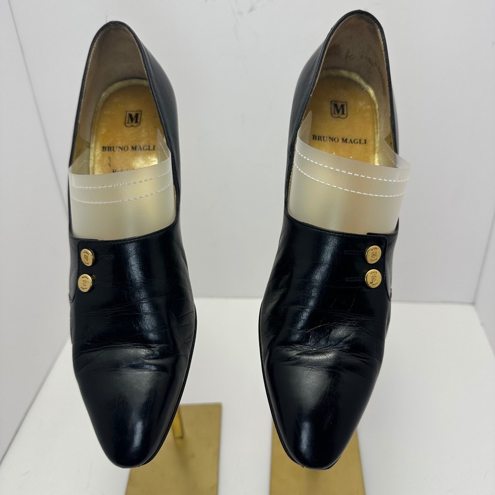 Bruno Magli Black Leather Pointed Toe Block‎ Heel Loafers Made in Italy SZ 8 AAA